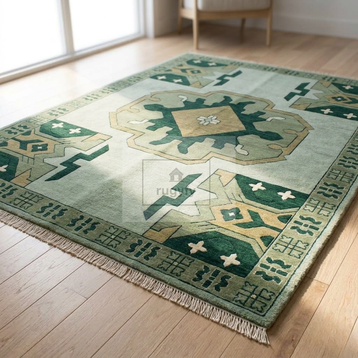 Mint & Forest Green Kazak Rug | Hand-Knotted Geometric Medallion Wool Rug | Farmhouse Dining Room 9x12