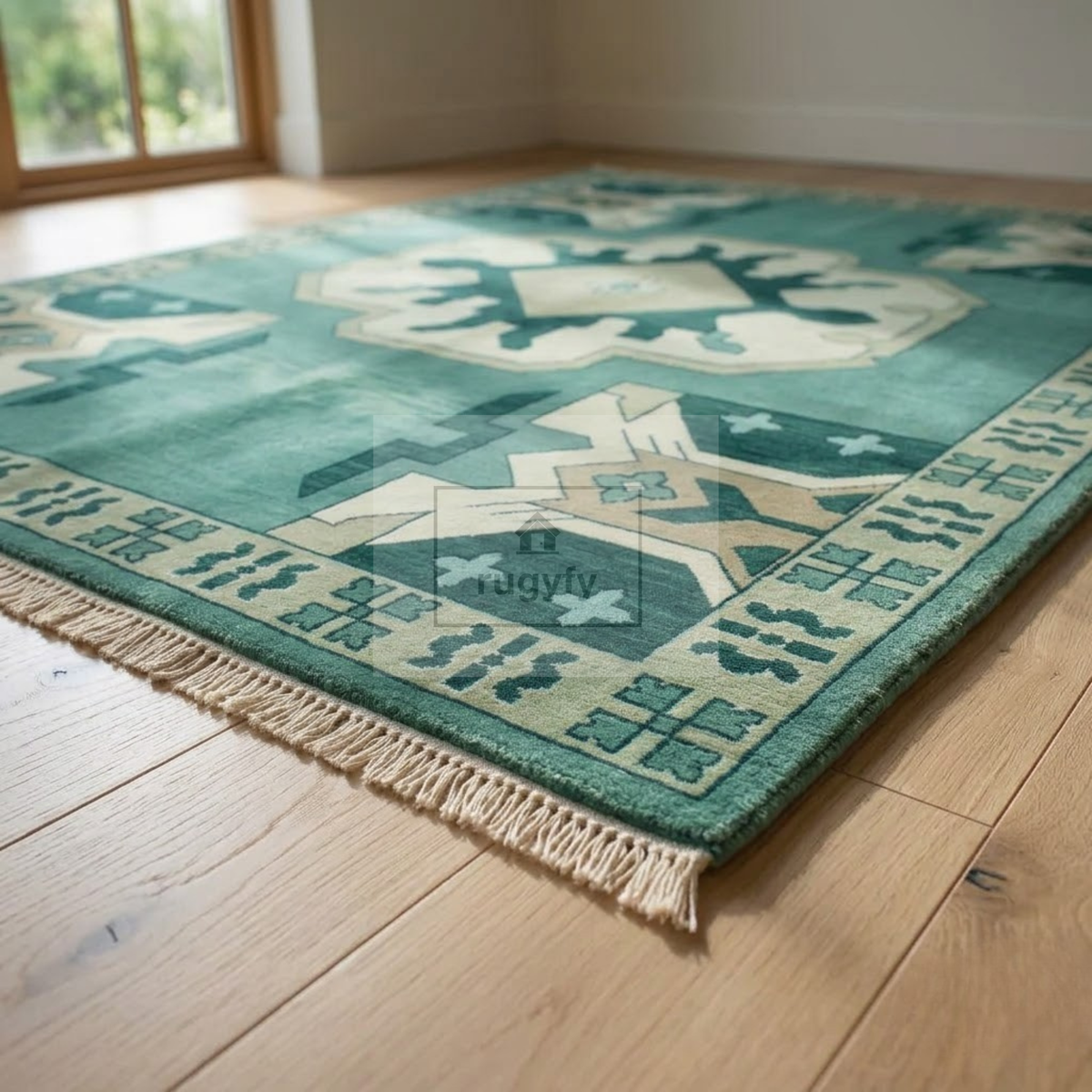 Jade Green & Cream Kazak Rug | Hand-Knotted Tribal Medallion Wool Area Rug | Living Room Entryway 8x10