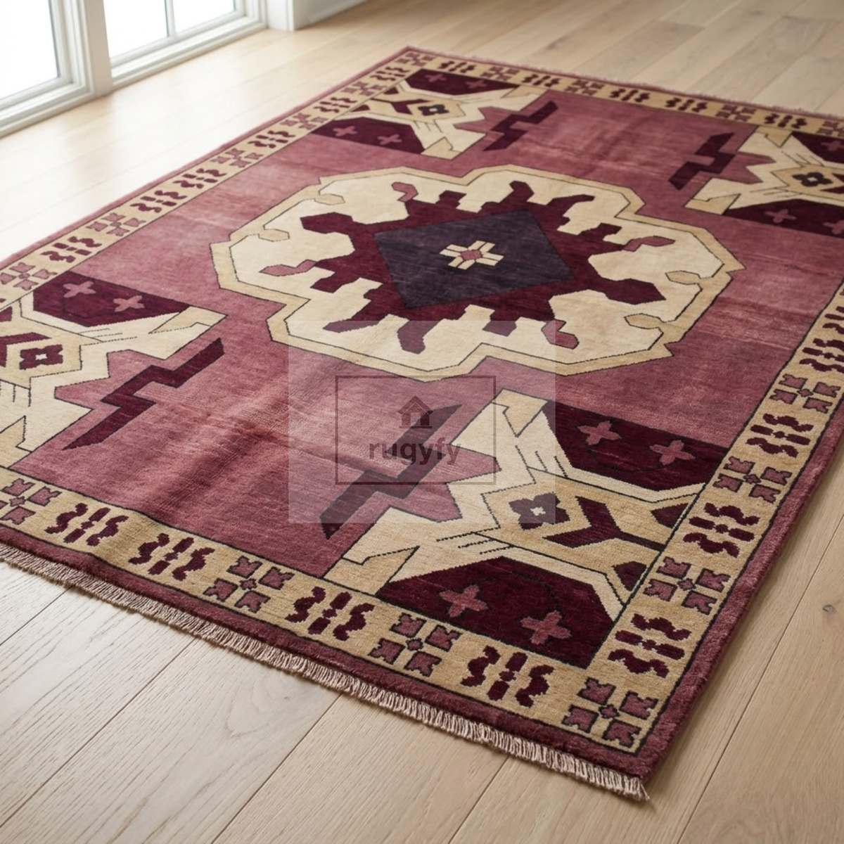 Burgundy & Gold Kazak Rug | Hand-Knotted Caucasian Tribal Geometric Wool Rug | Library Den Living Room 9x12