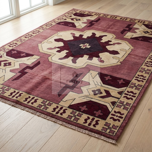 Burgundy & Gold Kazak Rug | Hand-Knotted Caucasian Tribal Geometric Wool Rug | Library Den Living Room 9x12