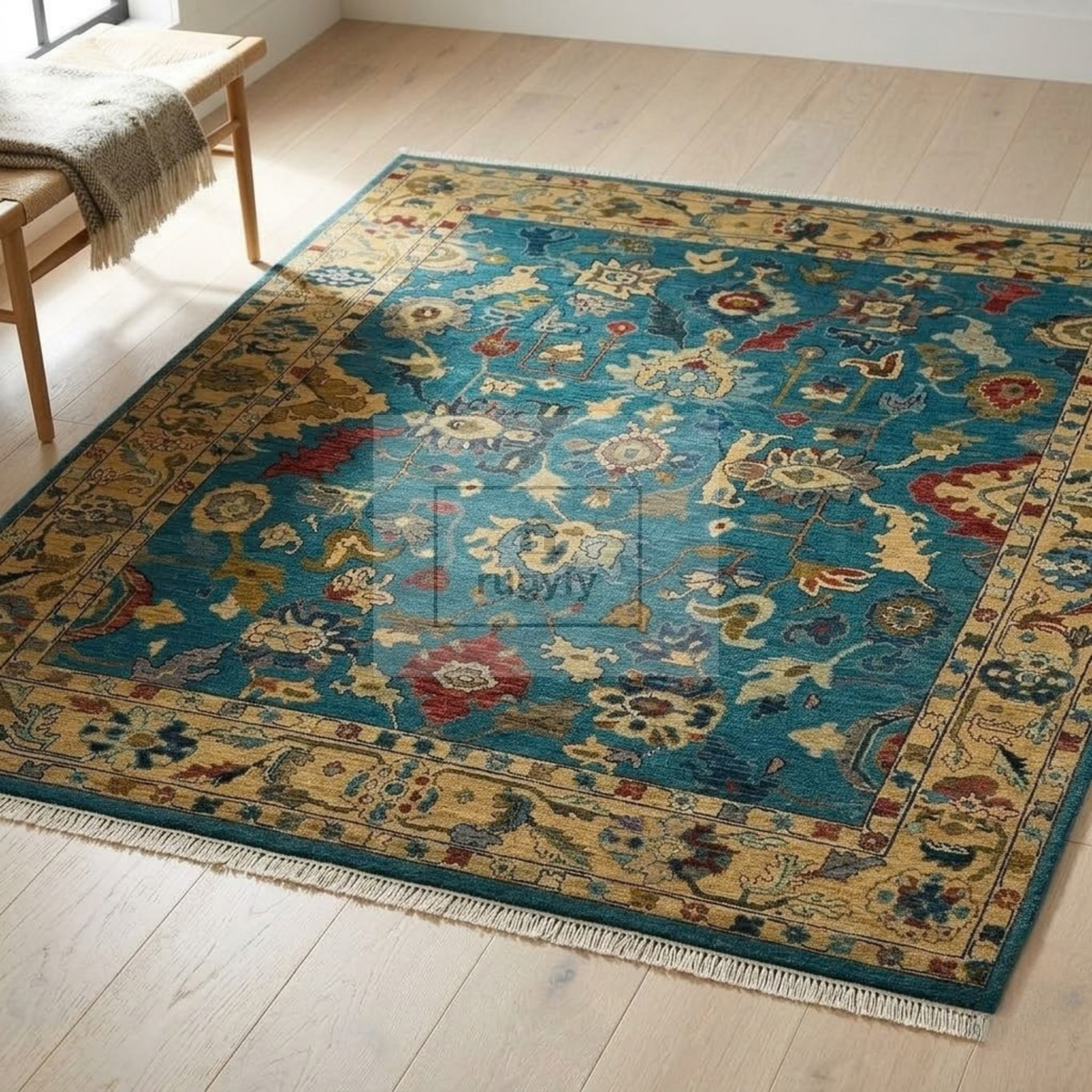 Teal & Gold Oushak Wool Rug | 6x9 8x10 ft Hand-Knotted | Bedroom Living Room Area Rug