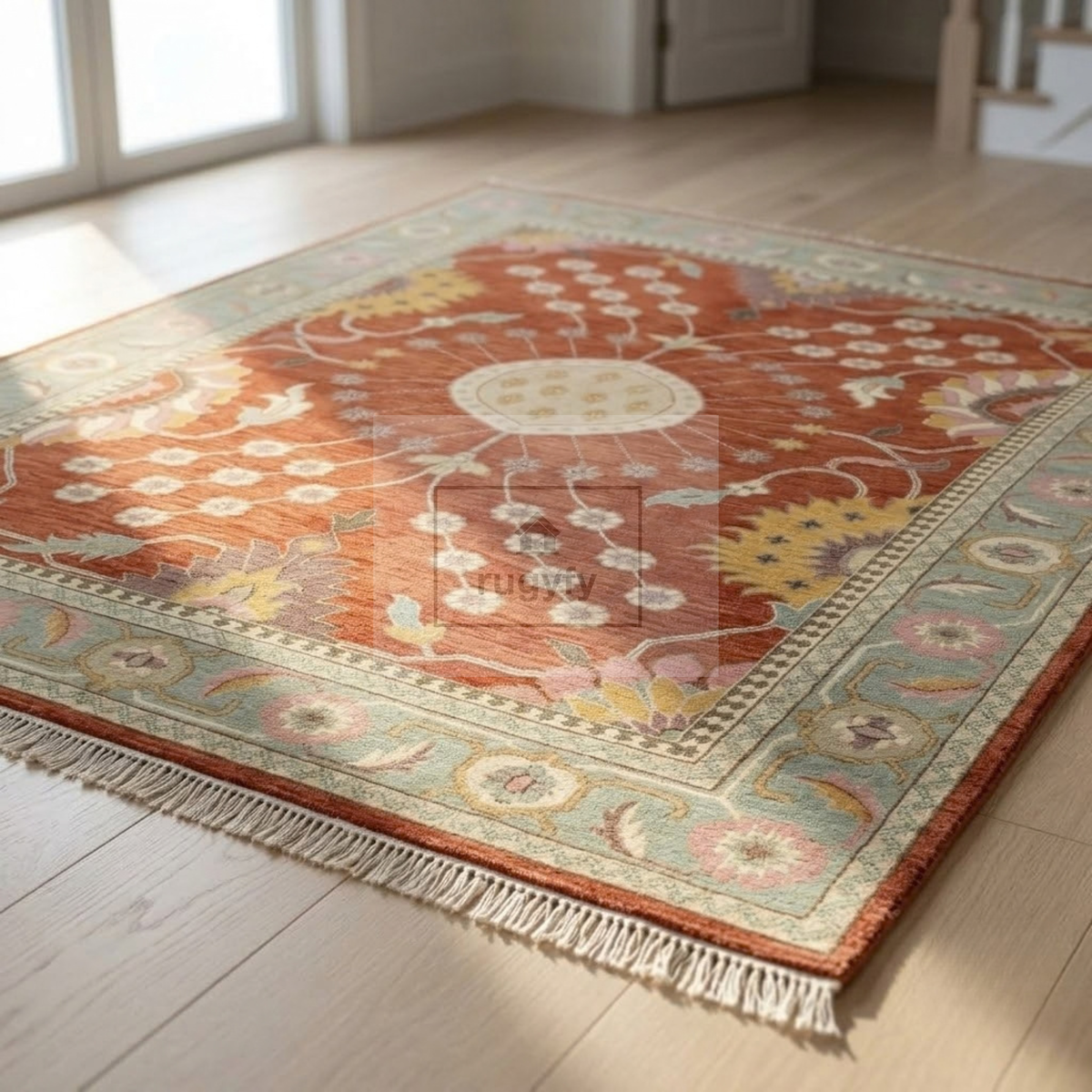 Rust & Sage Blue Vintage Oushak Area Rug | 9x12 10x14 ft Hand-Knotted Wool | Living Room Dining Room