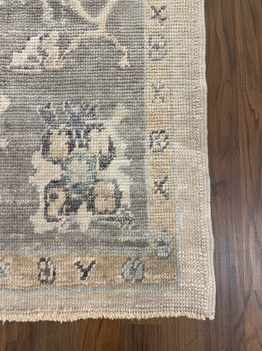 Charcoal & Cream Hand-Knotted Wool Oushak Rug | Floral Vine Anatolian Area Rug for Living Room