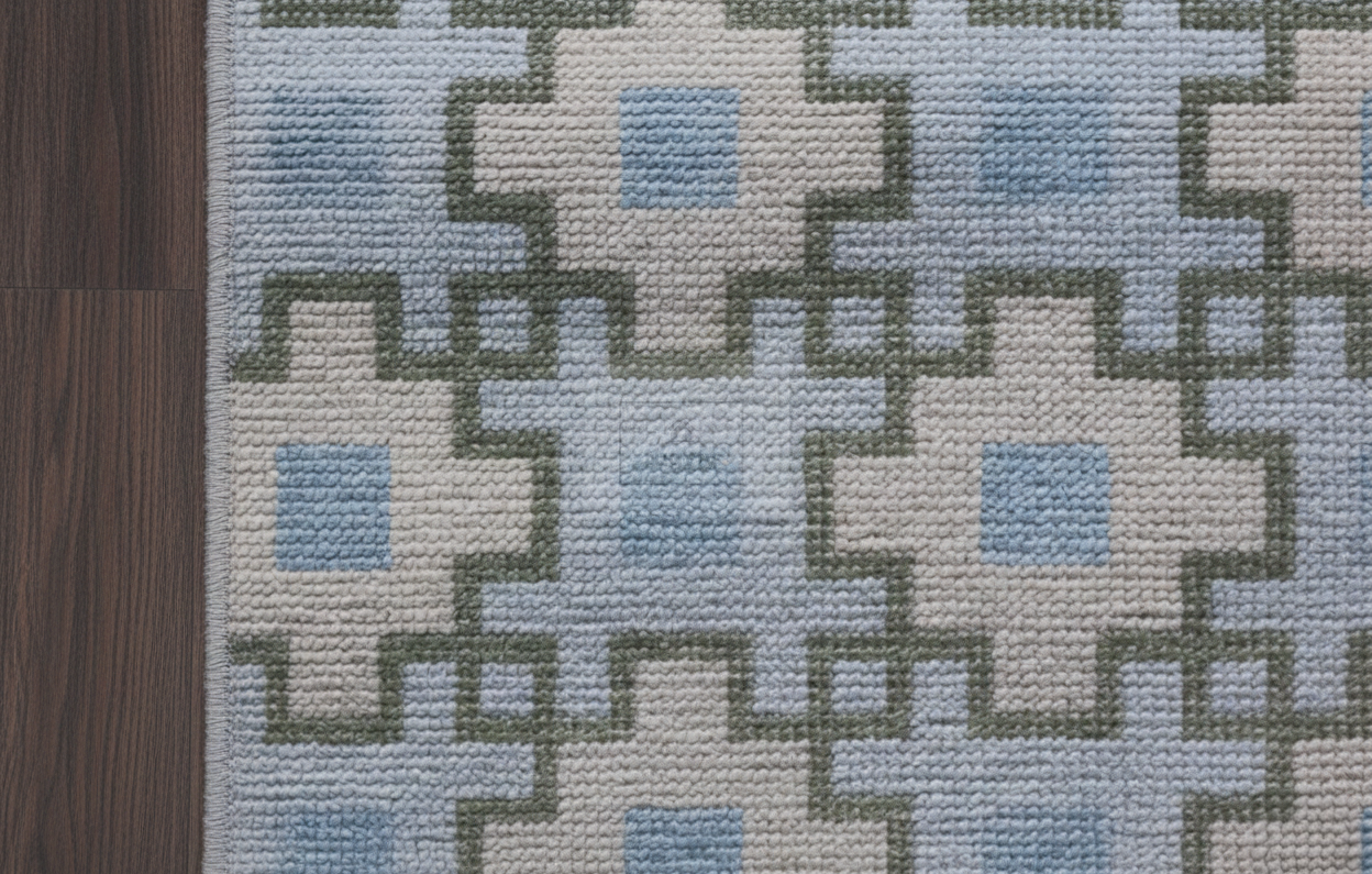 Ivory & Sage Hand-Knotted Wool Oushak Rug | Geometric Anatolian Area Rug for Bedroom