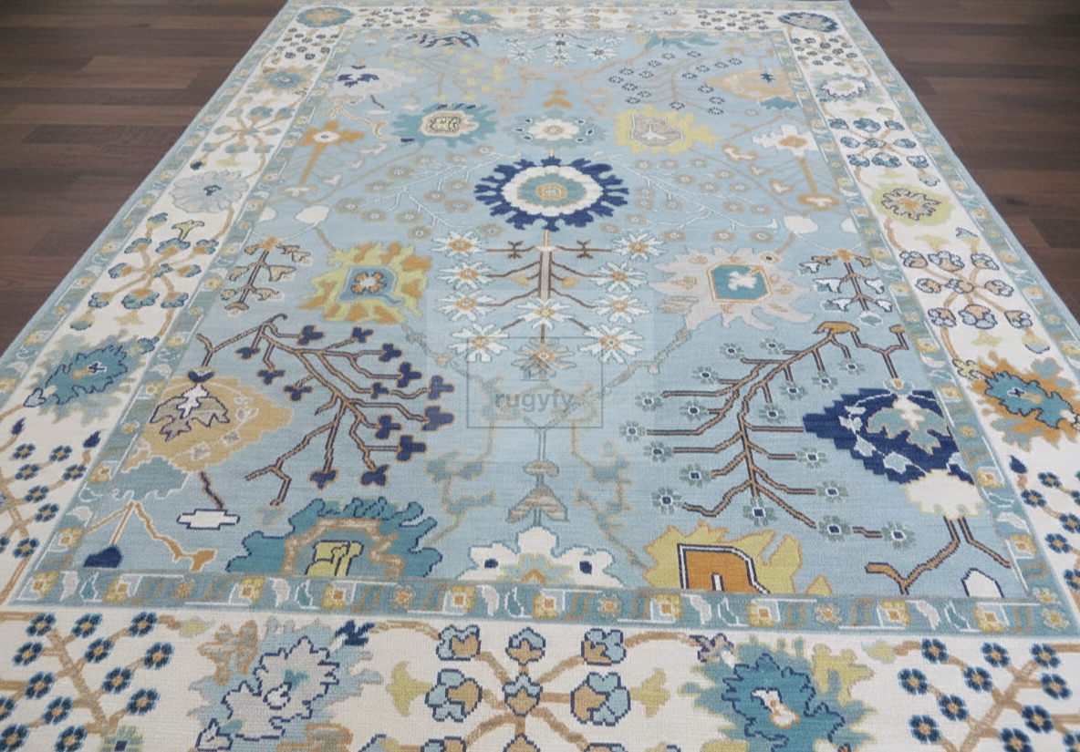 Sky Blue & Ivory Hand-Knotted Wool Oushak Rug | Floral Botanical Anatolian Area Rug for Living Room