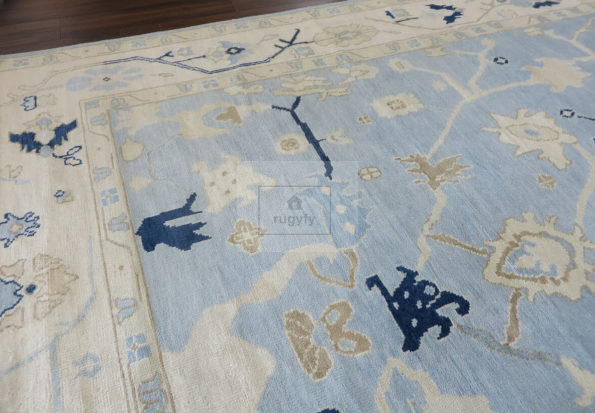 Sky Blue & Ivory Oushak Rug | 5x8 & 8x10 ft | Hand-Knotted Wool Floral | Living Room & Bedroom