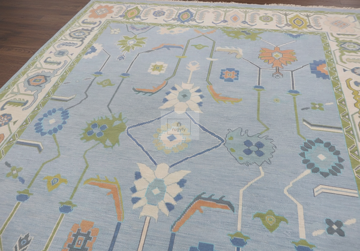 Blue & Ivory Oushak Rug | 5x8 & 8x10 ft | Hand-Knotted Wool Botanical Floral | Living Room & Bedroom