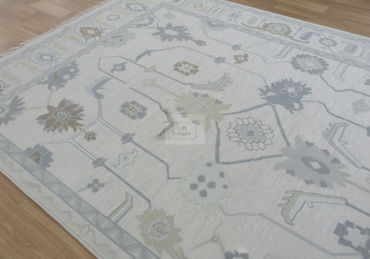 Ivory & Grey Oushak Rug | 6x9 & 8x10 ft | Hand-Knotted Wool Floral | Bedroom & Living Room