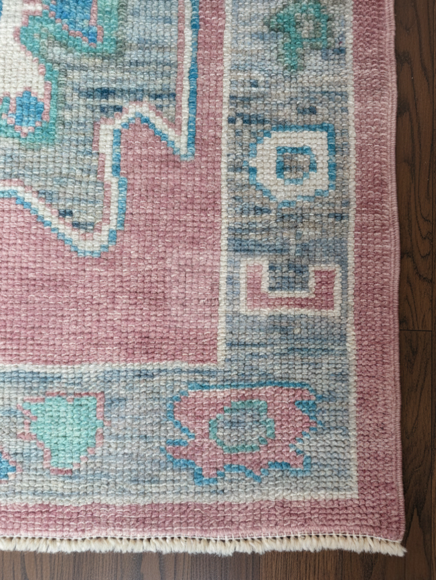 Blush & Teal Oushak Rug | 9x12 & 10x14 ft | Hand-Knotted Wool Geometric | Living Room & Dining Room