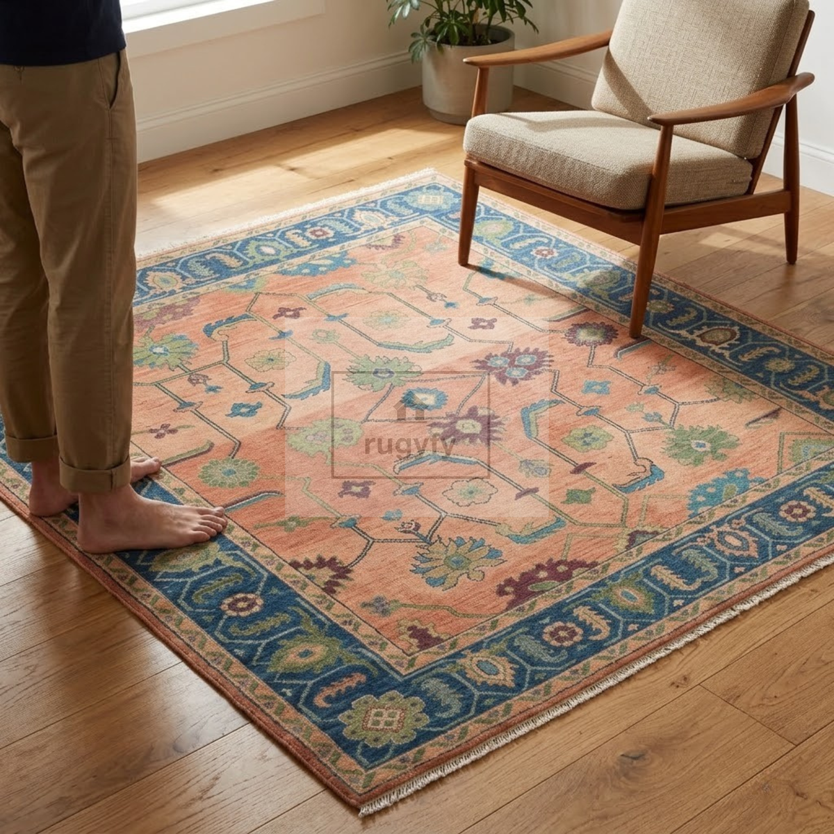 Coral & Navy Blue Sultanabad Oushak Rug | Hand-Knotted Wool 8x10 9x12 | Terracotta Palmette Area Rug