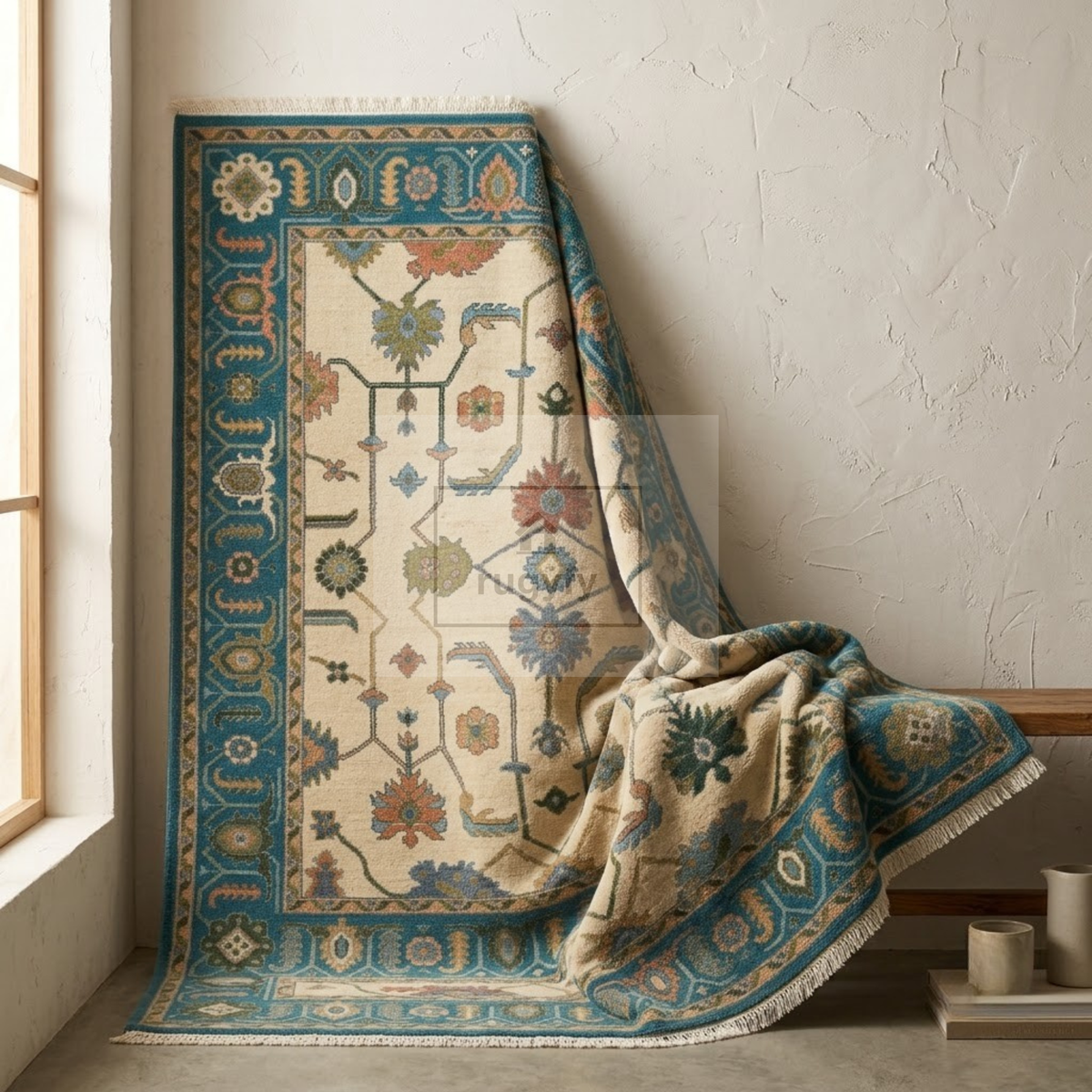 Ivory & Teal Blue Sultanabad Oushak Rug | Hand-Knotted Wool 8x10 9x12 | Cream Palmette Area Rug