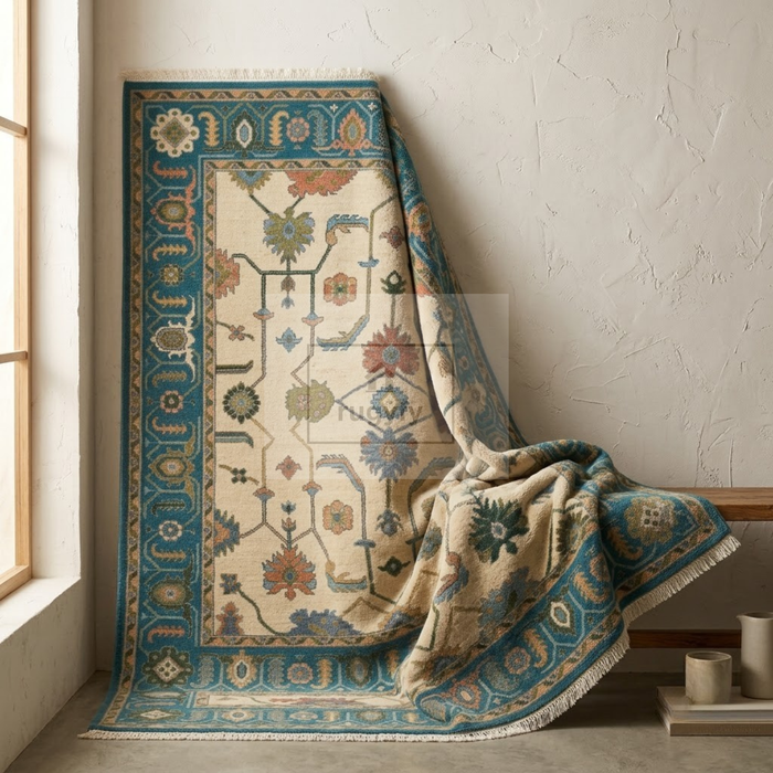 Ivory & Teal Blue Sultanabad Oushak Rug | Hand-Knotted Wool 8x10 9x12 | Cream Palmette Area Rug