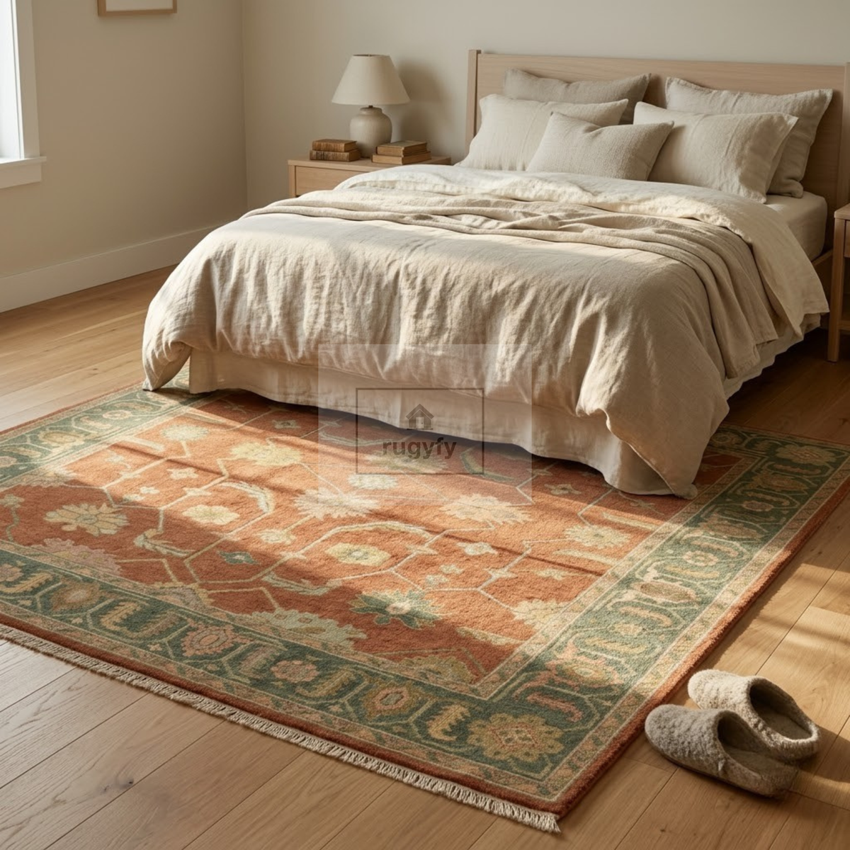 Rust Terracotta & Sage Green Sultanabad Oushak Rug | Hand-Knotted Wool 8x10 9x12 | Earthy Palmette Rug