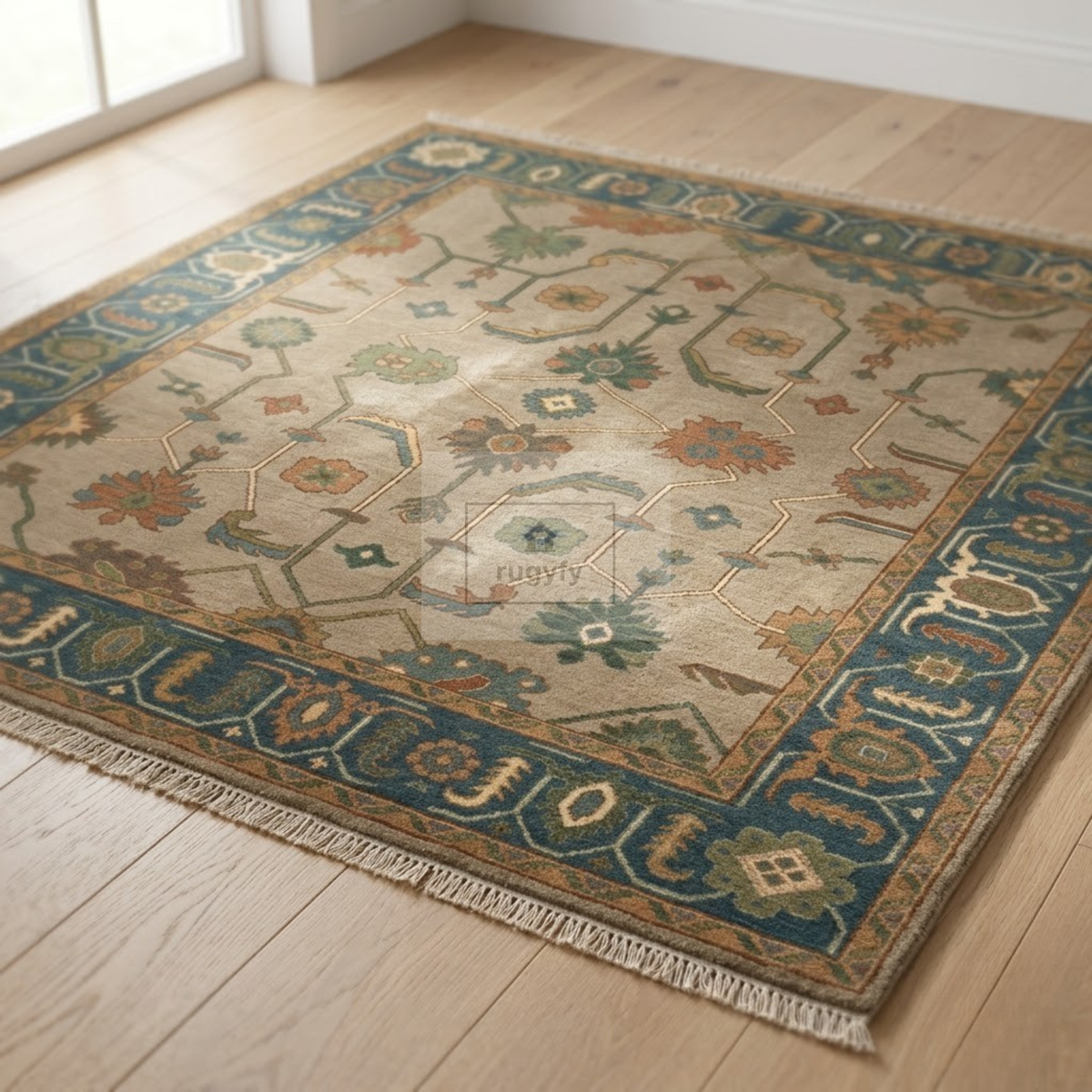Taupe & Teal Blue Sultanabad Oushak Rug | Hand-Knotted Wool 8x10 9x12 | Sand Beige Square & Area Rug