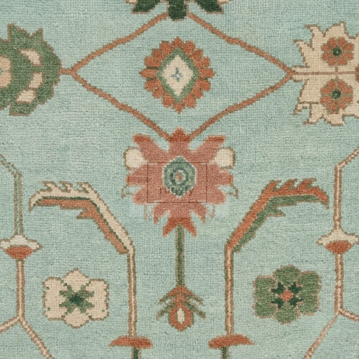 Seafoam Aqua & Coral Sultanabad Oushak Rug | Hand-Knotted Wool 8x10 9x12 | Mint & Peach Palmette Rug