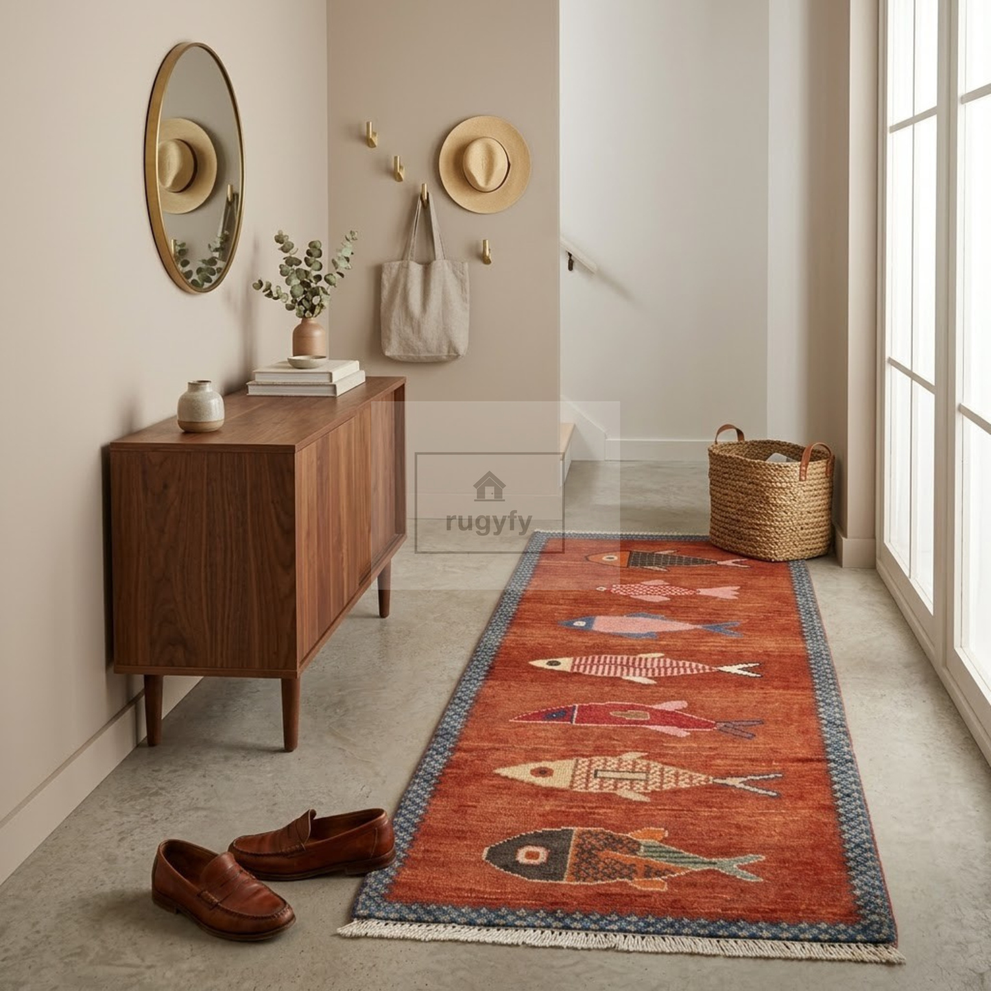 Terracotta Fish Motif Hand-Knotted Wool Rug | 2026's Trending Rust Pictorial Rug for Living Room