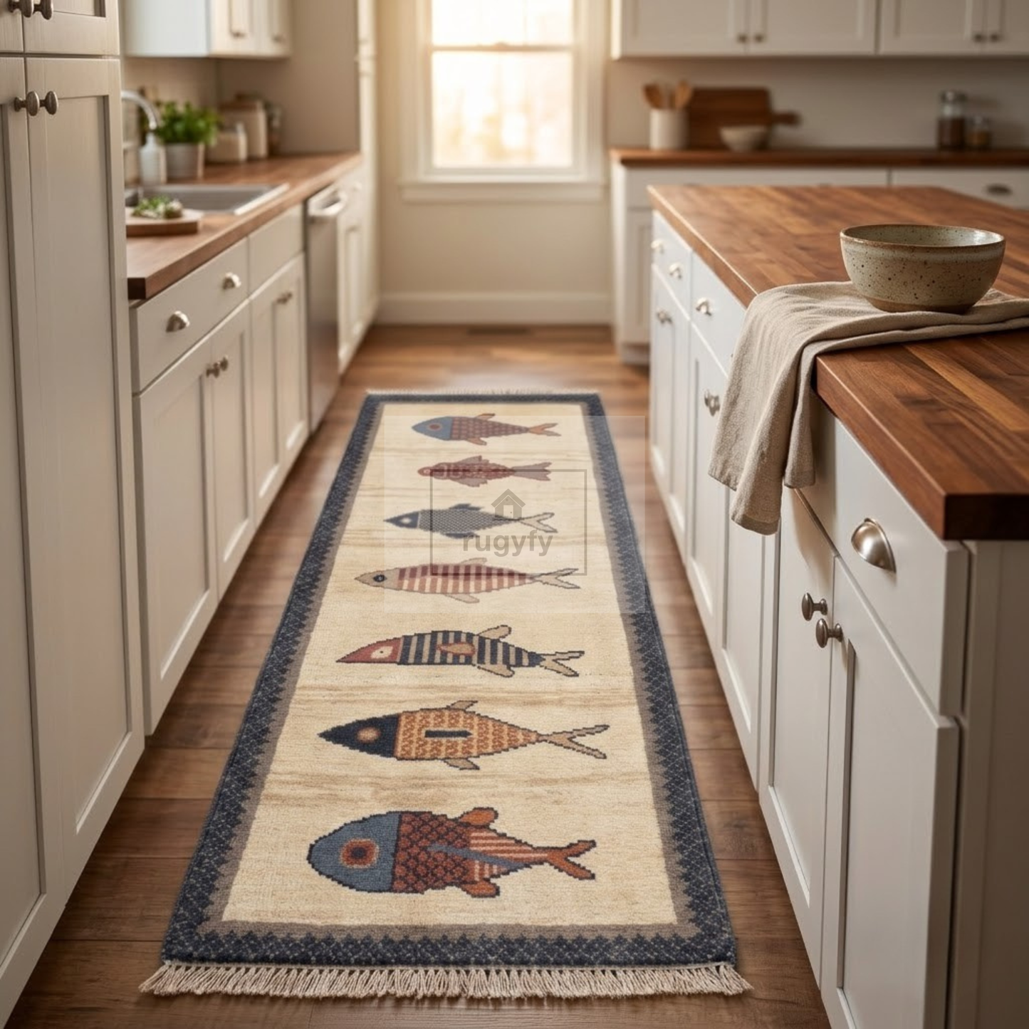 Ivory Fish Motif Hand-Knotted Wool Rug | Quiet Luxury Pictorial Rug for Nursery &amp; Living Room