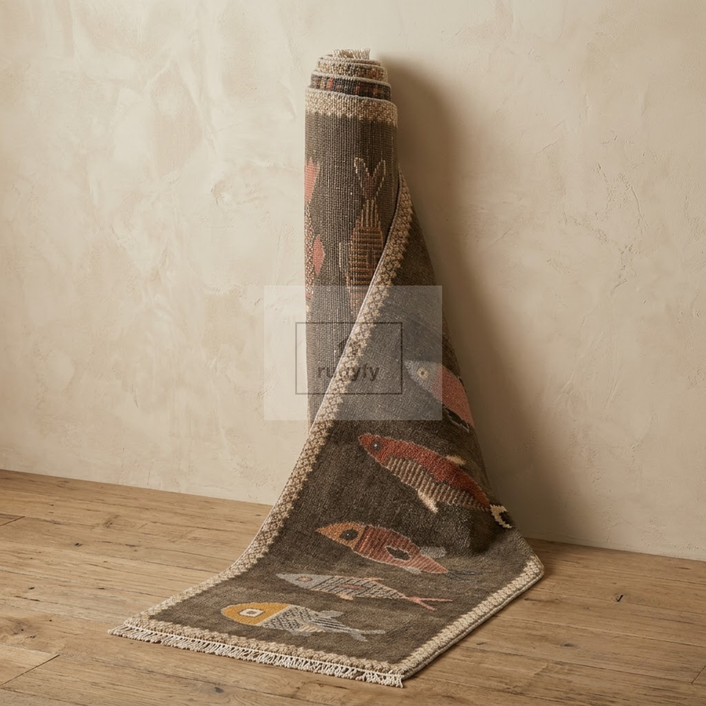 Charcoal Fish Motif Hand-Knotted Wool Rug | Moody Neutral Pictorial Rug for Hallway &amp; Entryway