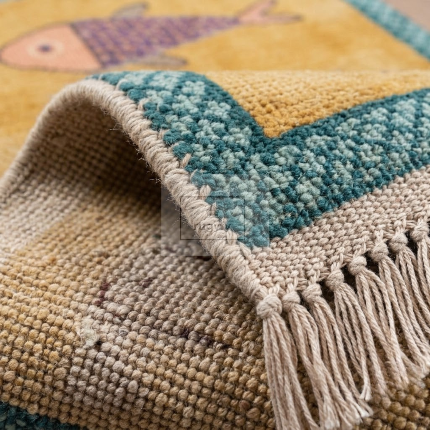 Golden Fish Motif Hand-Knotted Wool Rug | Whimsical Pictorial Folk Art Area Rug for Living Room