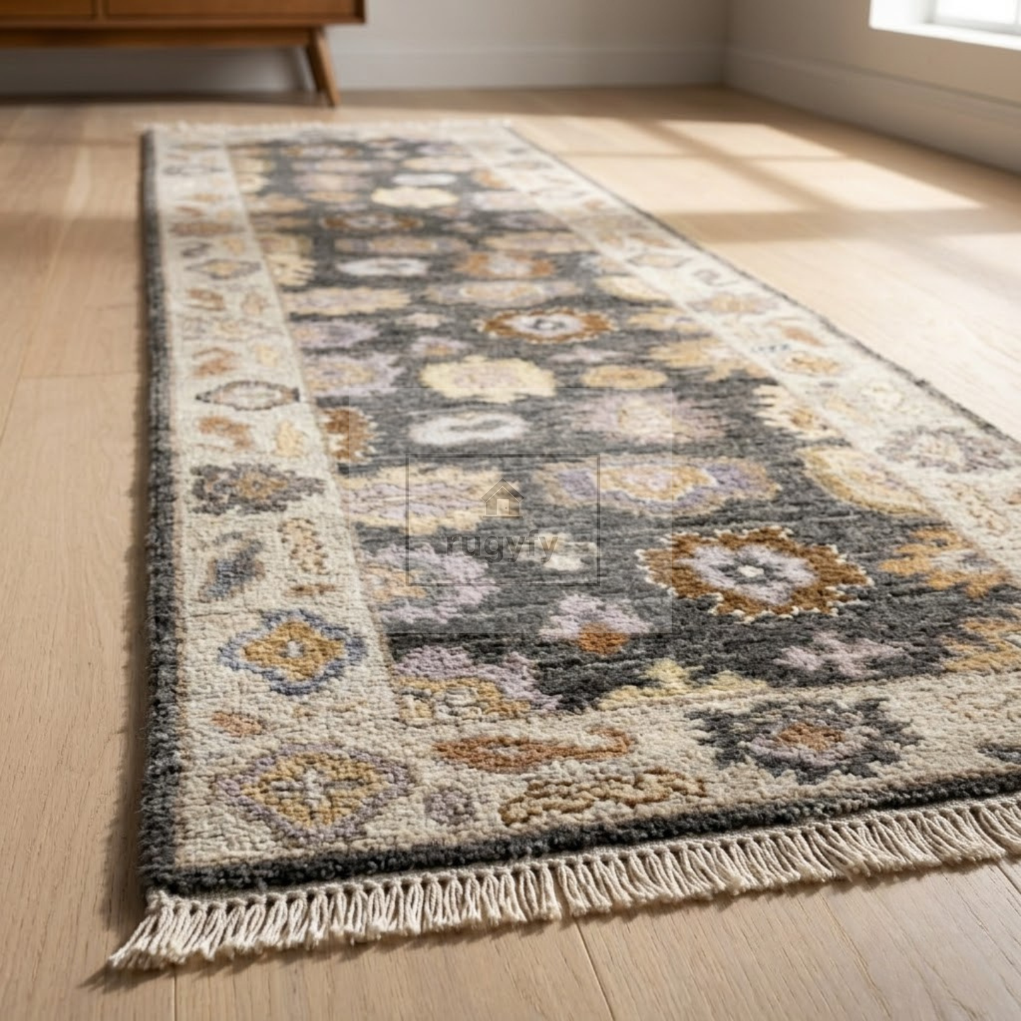 Charcoal & Ivory Oushak Rug | 2.5x12 & 3x14 ft | Hand-Knotted Wool Floral | Living Room & Dining Room