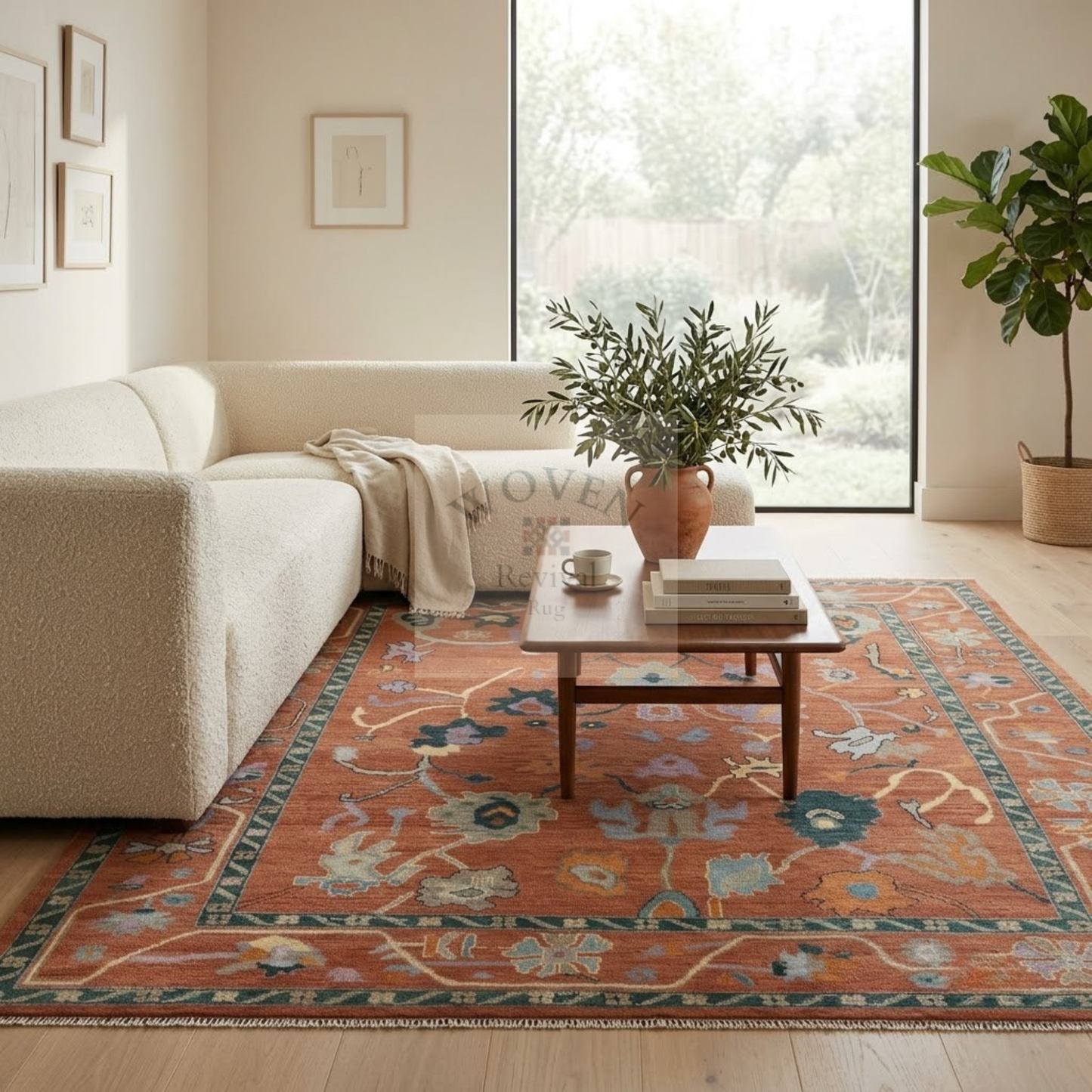 Terracotta Oushak Rug | Hand-Knotted Wool Area Rug with Folk Animal Motifs in Rust, Pine Teal & Lavender