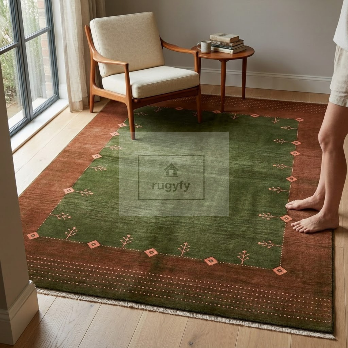 Olive Green & Rust Turkish Oushak Rug | 5x8 8x10 ft Hand-Knotted New Zealand Wool | Living Room Bedroom Rug