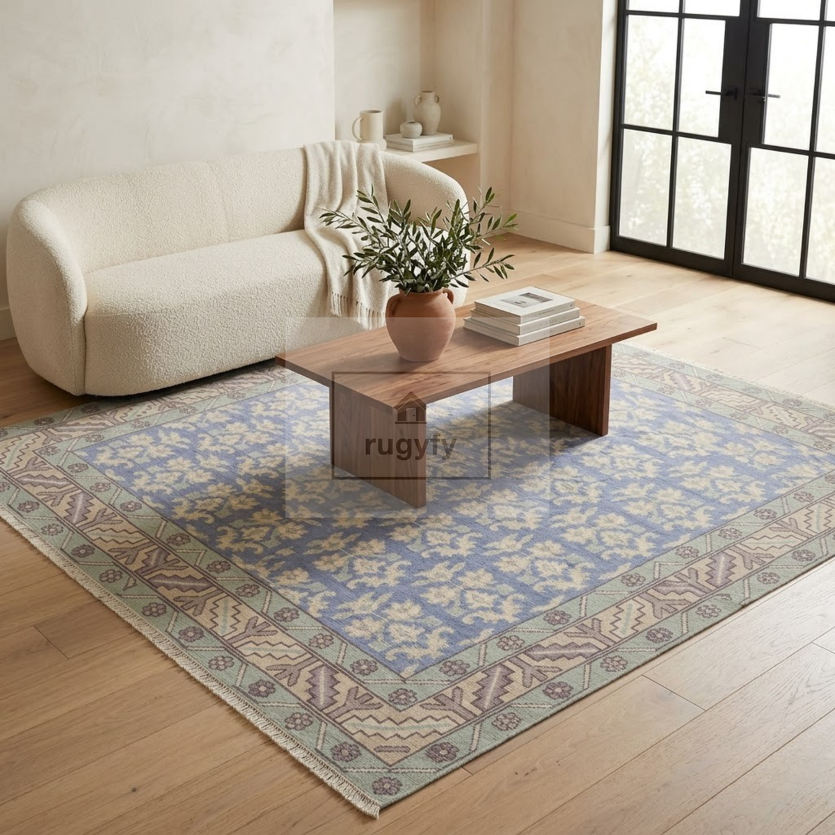 Dusty Blue & Ivory Oushak Area Rug | 8x10 9x12 ft Hand-Knotted New Zealand Wool | Periwinkle Floral Turkish Living Room Rug