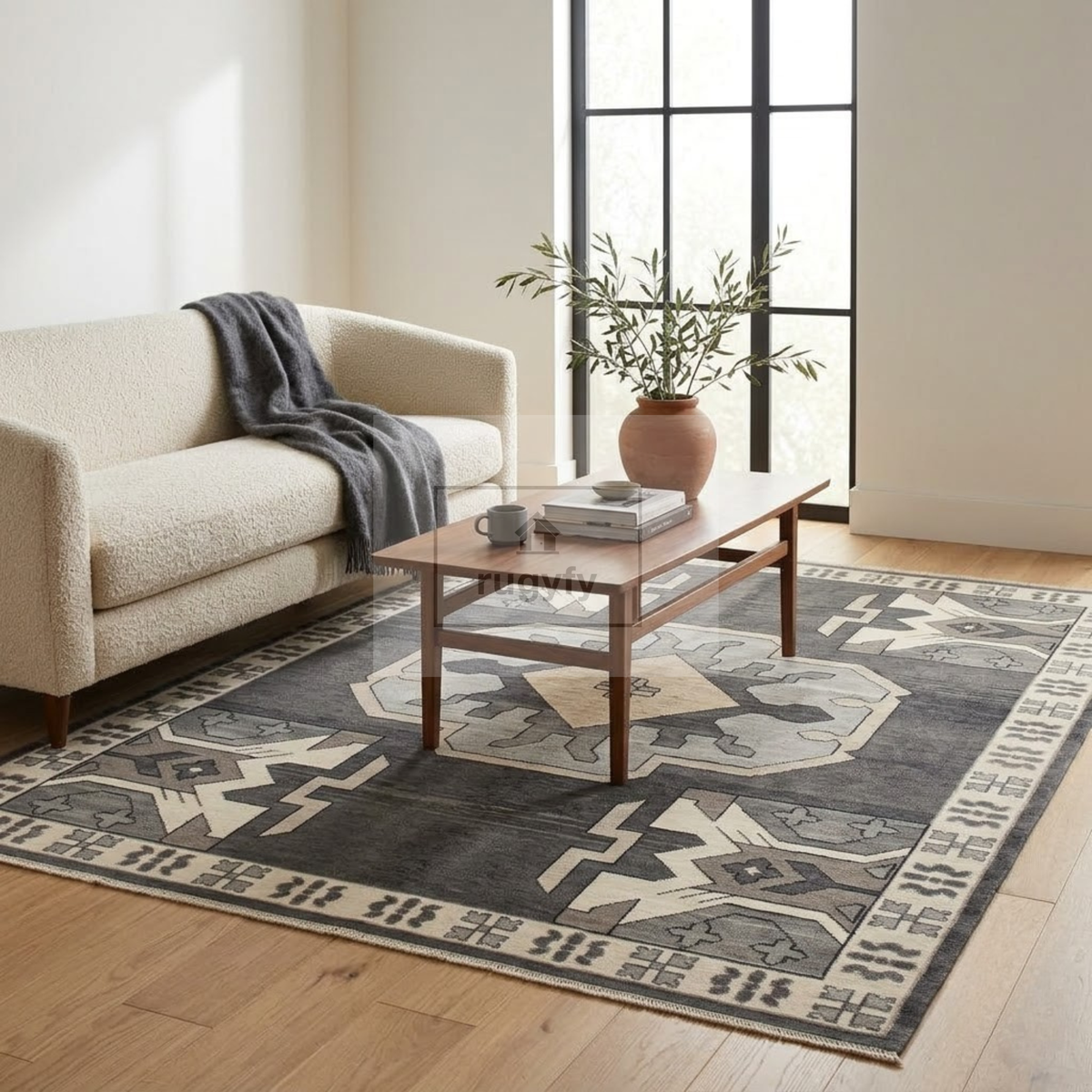 Charcoal & Ivory Oushak Wool Rug | 6x9 8x10 ft Hand-Knotted | Bedroom Living Room Area Rug