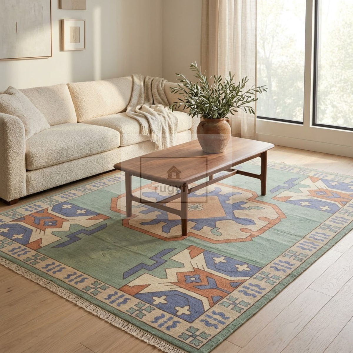 Sage Green & Blue Turkish Oushak Rug | 5x8 8x10 ft Hand-Knotted Wool | Living Room Bedroom Rug