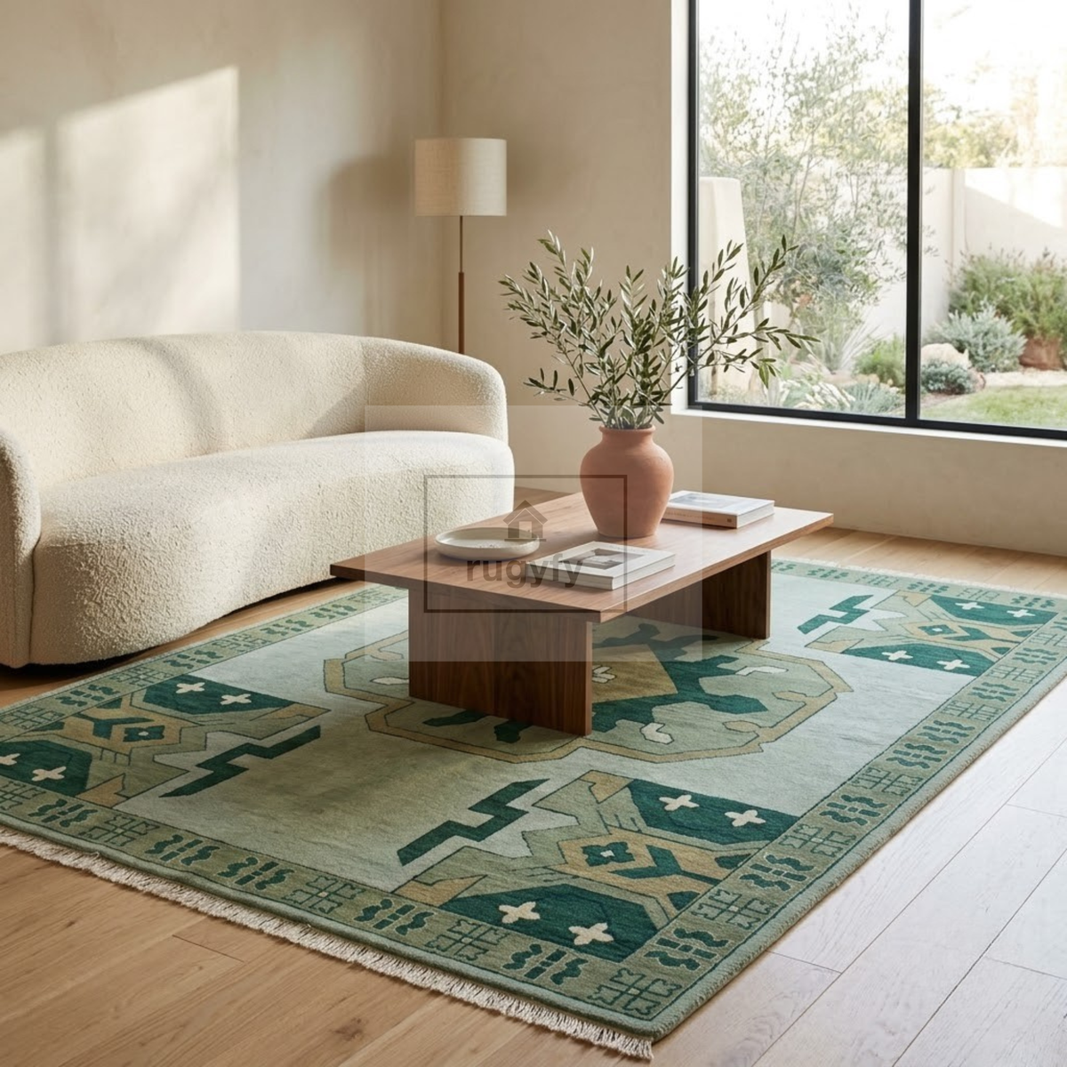 Mint & Forest Green Kazak Rug | Hand-Knotted Geometric Medallion Wool Rug | Farmhouse Dining Room 9x12