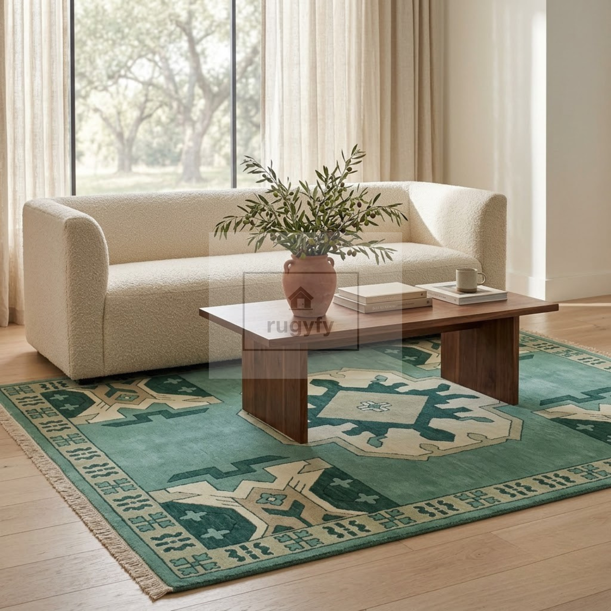 Jade Green & Cream Kazak Rug | Hand-Knotted Tribal Medallion Wool Area Rug | Living Room Entryway 8x10