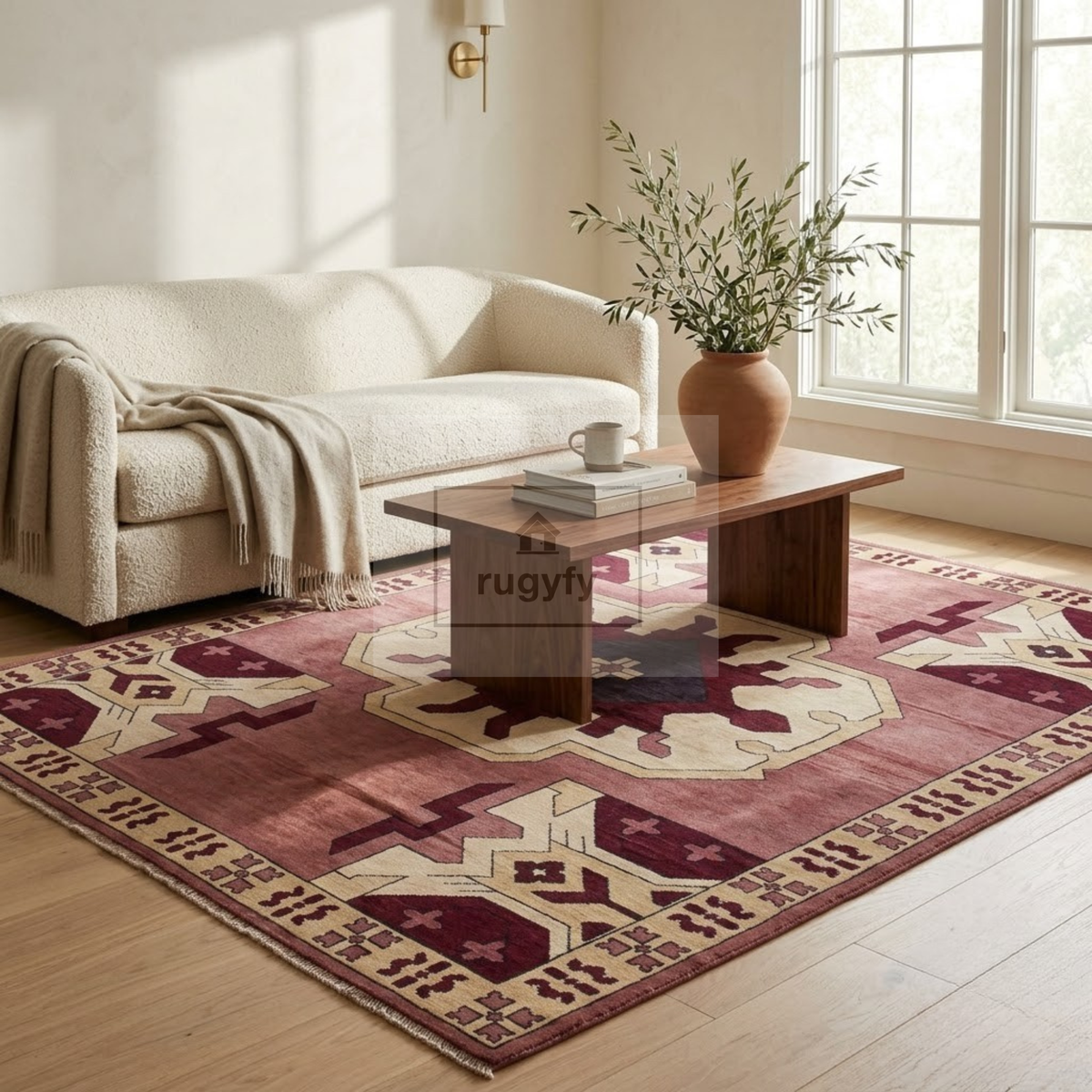 Burgundy & Gold Kazak Rug | Hand-Knotted Caucasian Tribal Geometric Wool Rug | Library Den Living Room 9x12