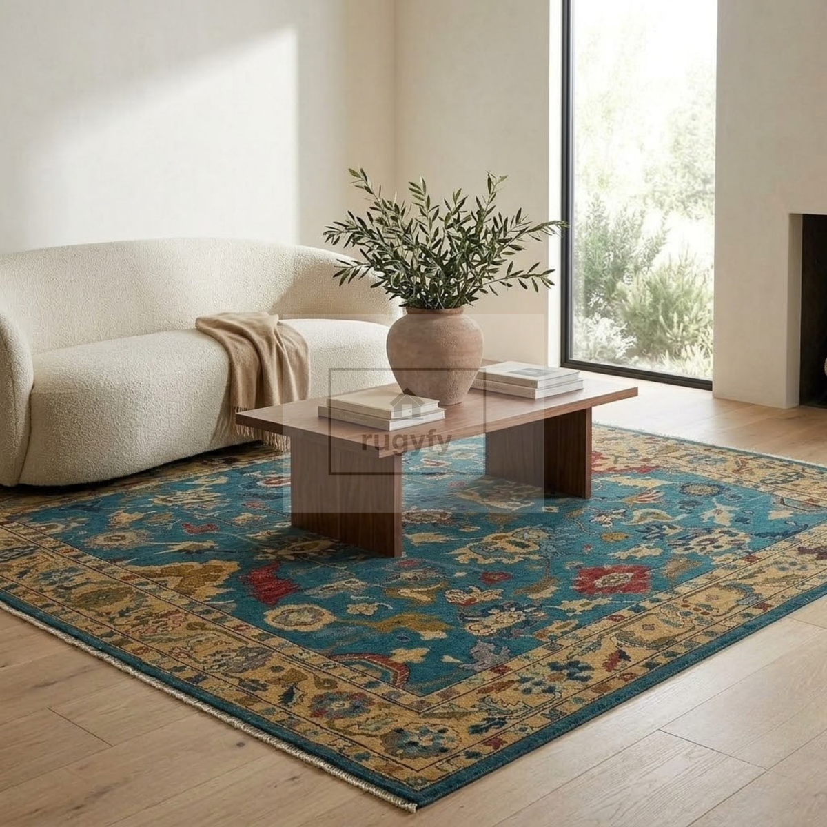 Teal & Gold Oushak Wool Rug | 6x9 8x10 ft Hand-Knotted | Bedroom Living Room Area Rug