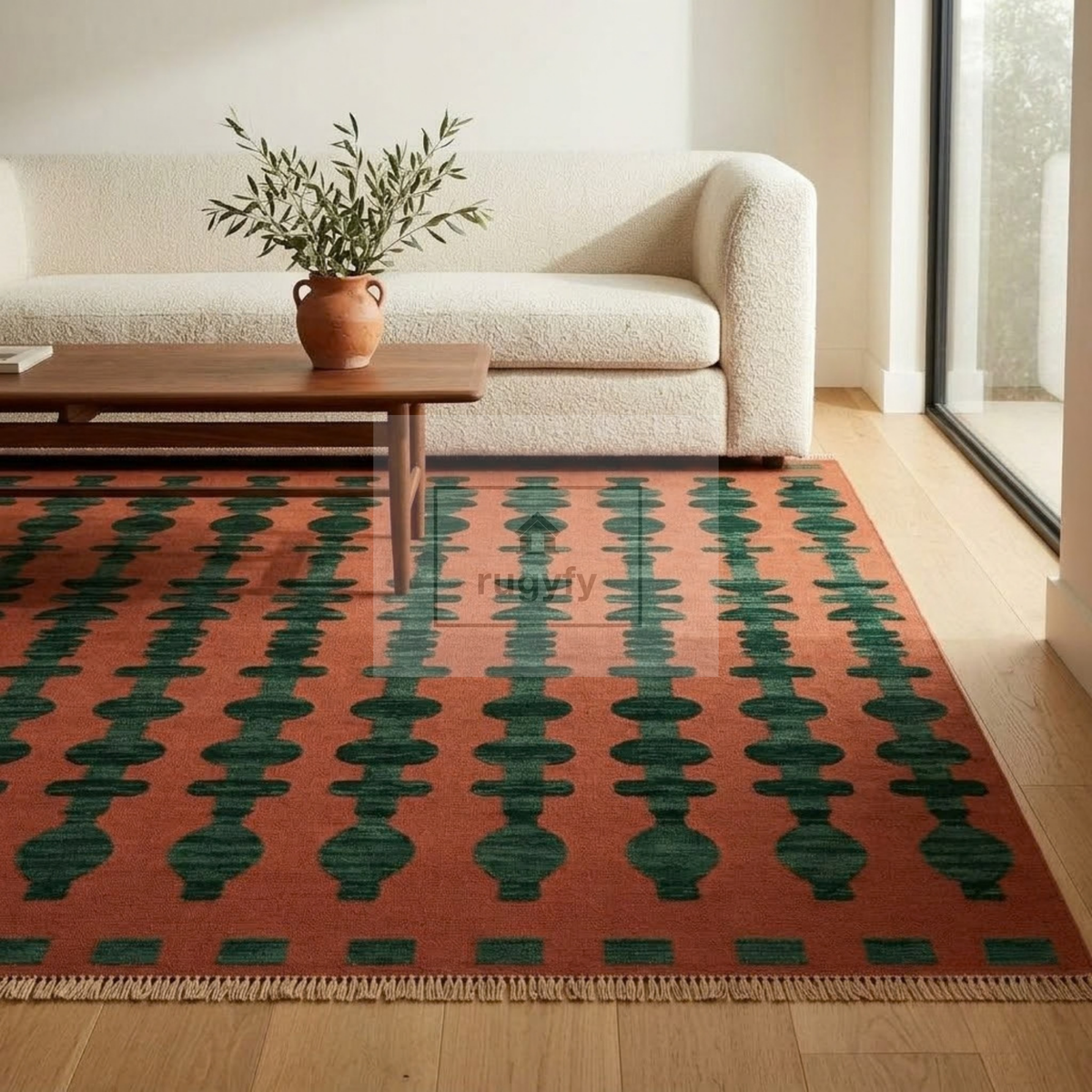 Terracotta & Forest Green Turkish Oushak Rug | 5x8 8x10 ft Hand-Knotted Wool | Living Room Bedroom Rug