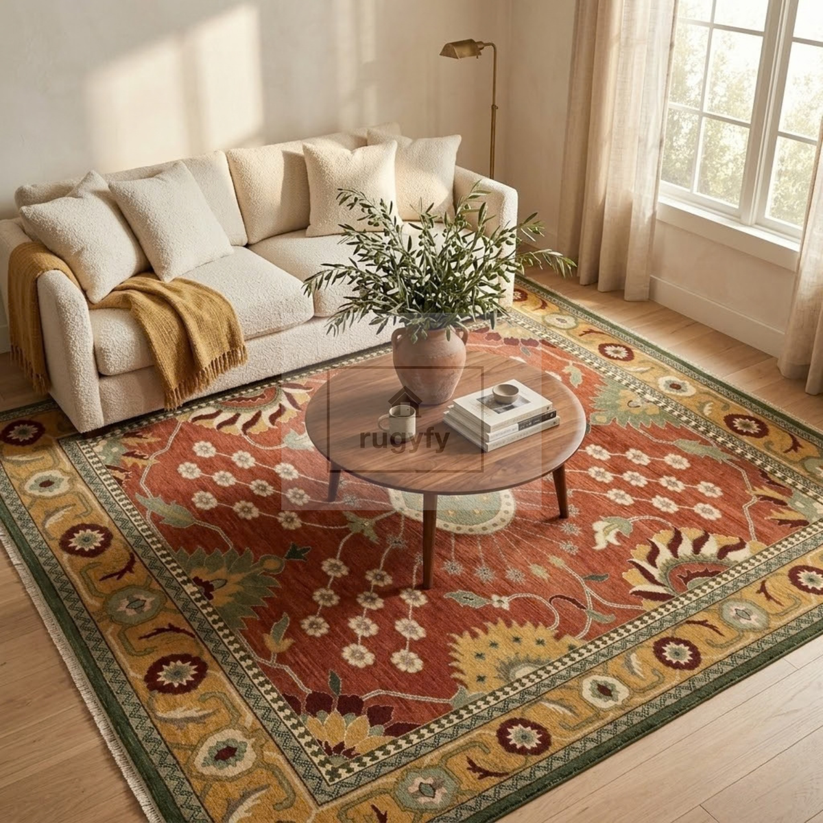 Terracotta & Gold Turkish Oushak Rug | 5x8 8x10 ft Hand-Knotted New Zealand Wool | Living Room Bedroom Rug