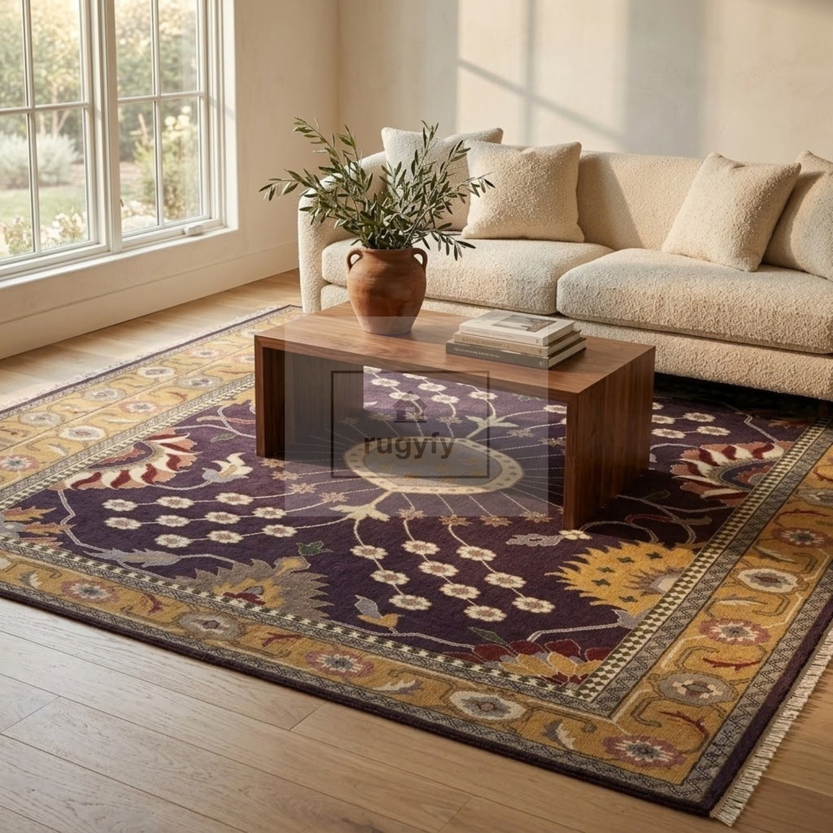 Dark Plum & Gold Turkish Oushak Rug | 5x8 8x10 ft Hand-Knotted New Zealand Wool | Living Room Bedroom Rug