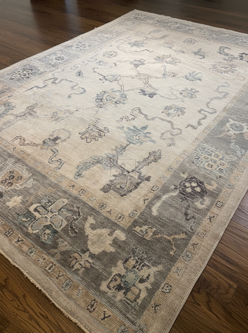 Charcoal & Cream Hand-Knotted Wool Oushak Rug | Floral Vine Anatolian Area Rug for Living Room