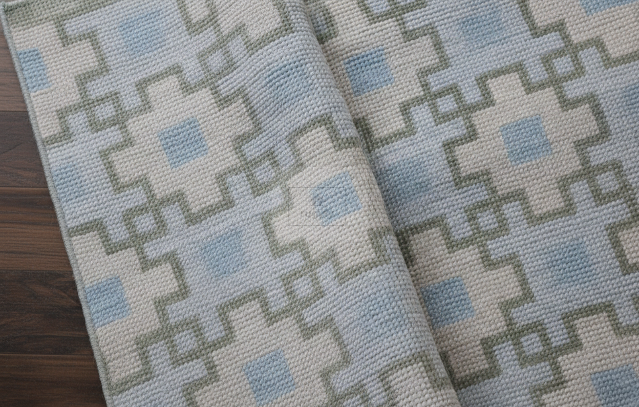 Ivory & Sage Hand-Knotted Wool Oushak Rug | Geometric Anatolian Area Rug for Bedroom