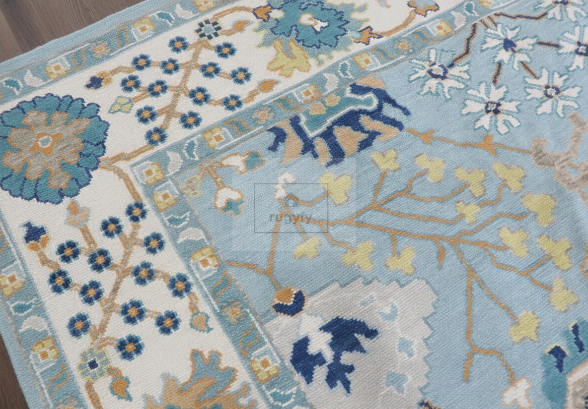 Sky Blue & Ivory Hand-Knotted Wool Oushak Rug | Floral Botanical Anatolian Area Rug for Living Room