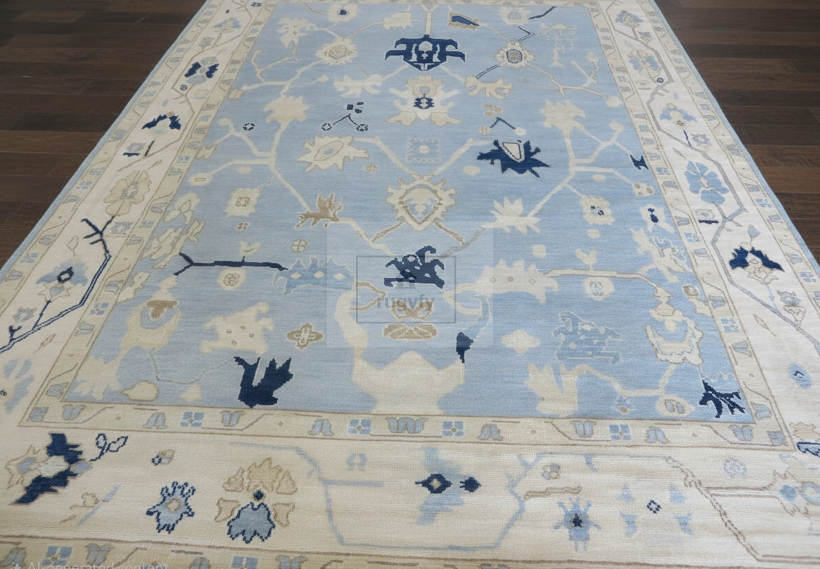 Sky Blue & Ivory Oushak Rug | 5x8 & 8x10 ft | Hand-Knotted Wool Floral | Living Room & Bedroom
