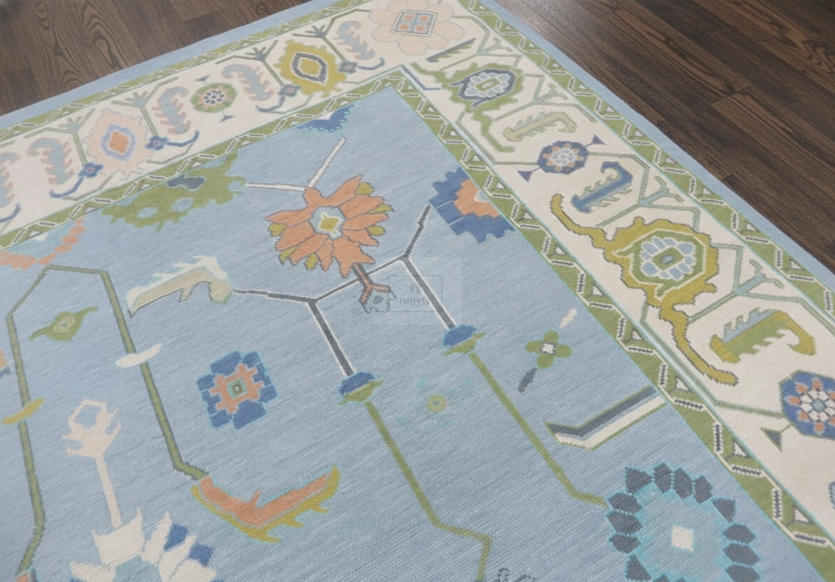 Blue & Ivory Oushak Rug | 5x8 & 8x10 ft | Hand-Knotted Wool Botanical Floral | Living Room & Bedroom
