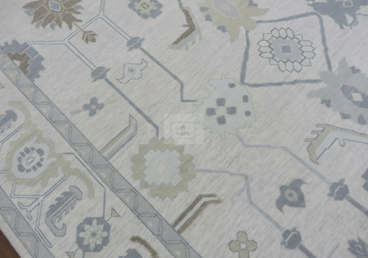 Ivory & Grey Oushak Rug | 6x9 & 8x10 ft | Hand-Knotted Wool Floral | Bedroom & Living Room