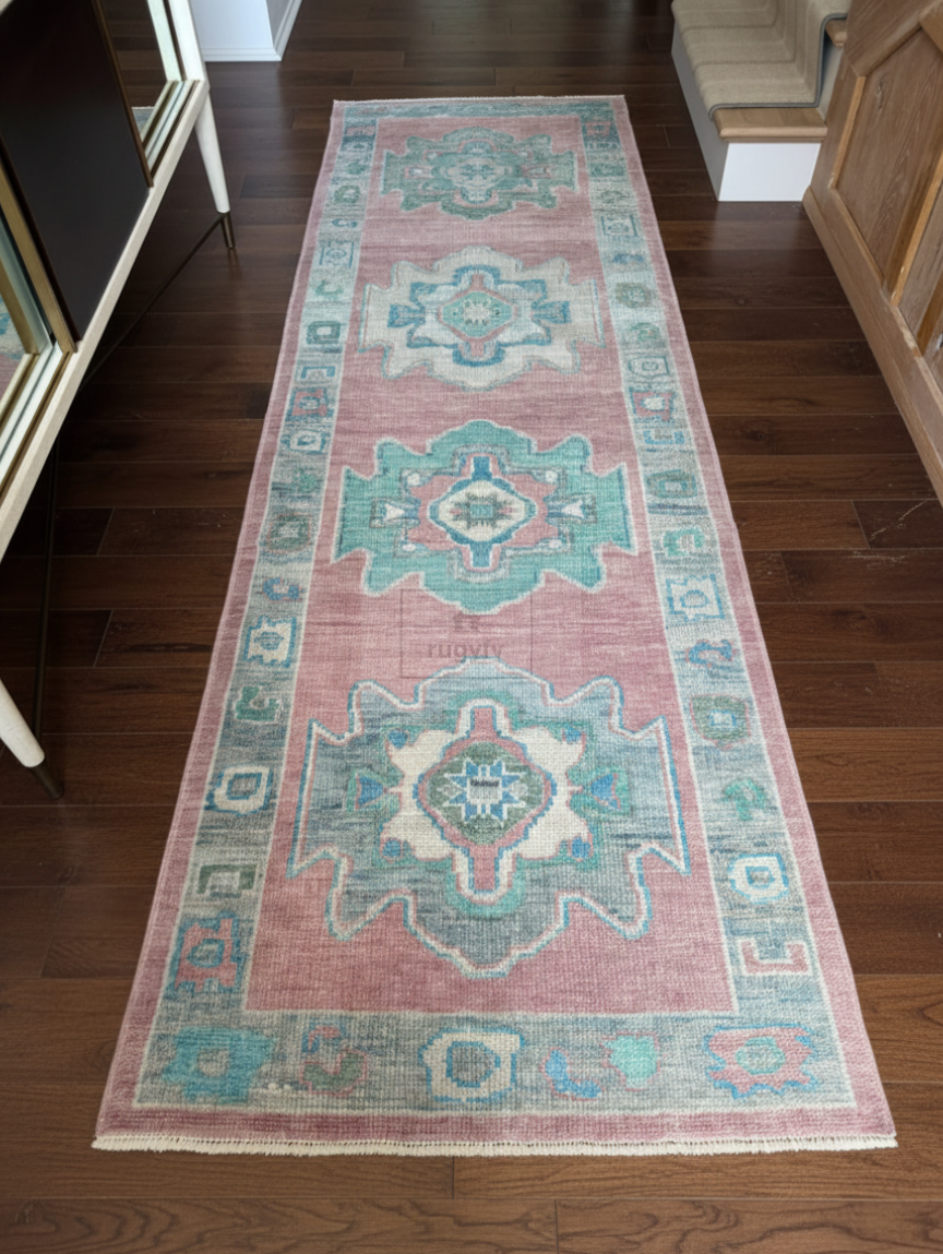 Blush & Teal Oushak Rug | 9x12 & 10x14 ft | Hand-Knotted Wool Geometric | Living Room & Dining Room