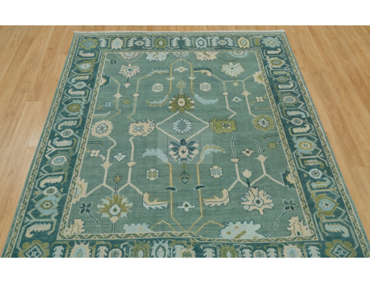 Teal & Ivory Oushak Wool Rug | 6x9 8x10 ft Hand-Knotted | Bedroom Living Room Area Rug