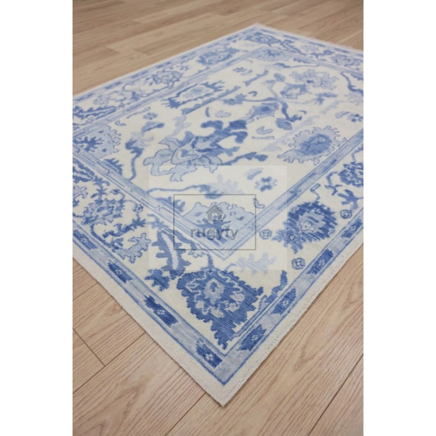 Ivory & Blue Oushak Rug – Hand Knotted Turkish Wool Area Rug for Living Room