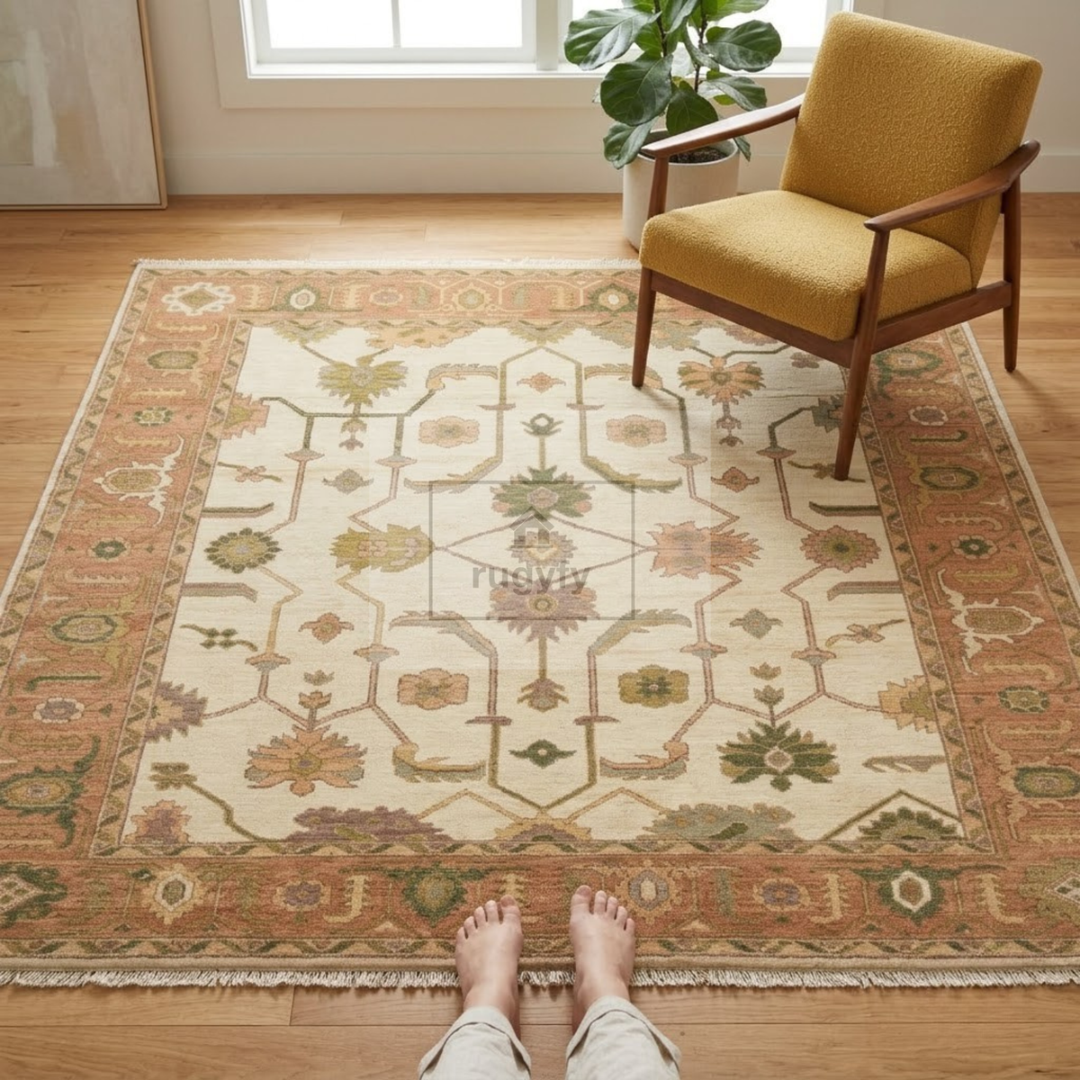Ivory & Blush Pink Sultanabad Oushak Rug | Hand-Knotted Wool 8x10 9x12 | Olive Green Palmette Area Rug