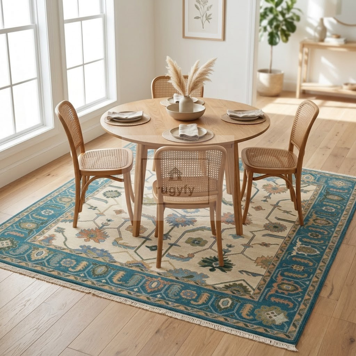 Ivory & Teal Blue Sultanabad Oushak Rug | Hand-Knotted Wool 8x10 9x12 | Cream Palmette Area Rug