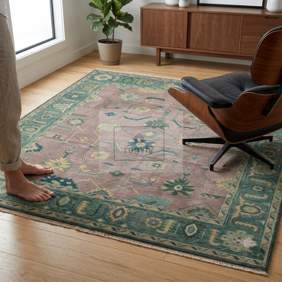 Dusty Mauve & Teal Green Sultanabad Oushak Rug | Hand-Knotted Wool 8x10 9x12 | Plum Rose Dining Room Rug