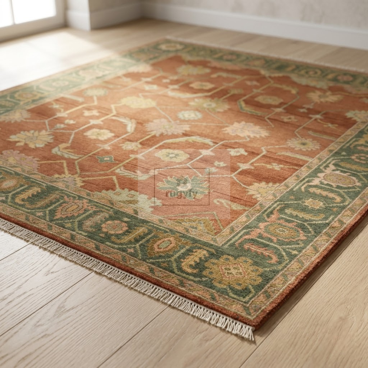 Rust Terracotta & Sage Green Sultanabad Oushak Rug | Hand-Knotted Wool 8x10 9x12 | Earthy Palmette Rug