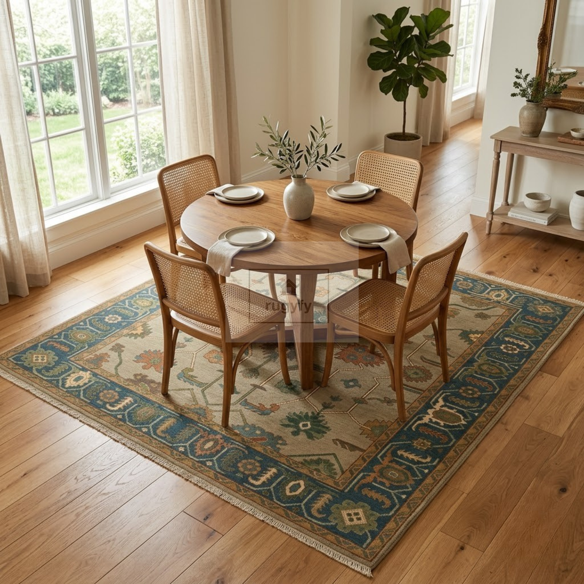 Taupe & Teal Blue Sultanabad Oushak Rug | Hand-Knotted Wool 8x10 9x12 | Sand Beige Square & Area Rug